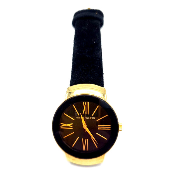 ANNE KLEIN Diamond Collection Watch Black Leather Band Black Dial Gold Letters - Picture 6 of 12